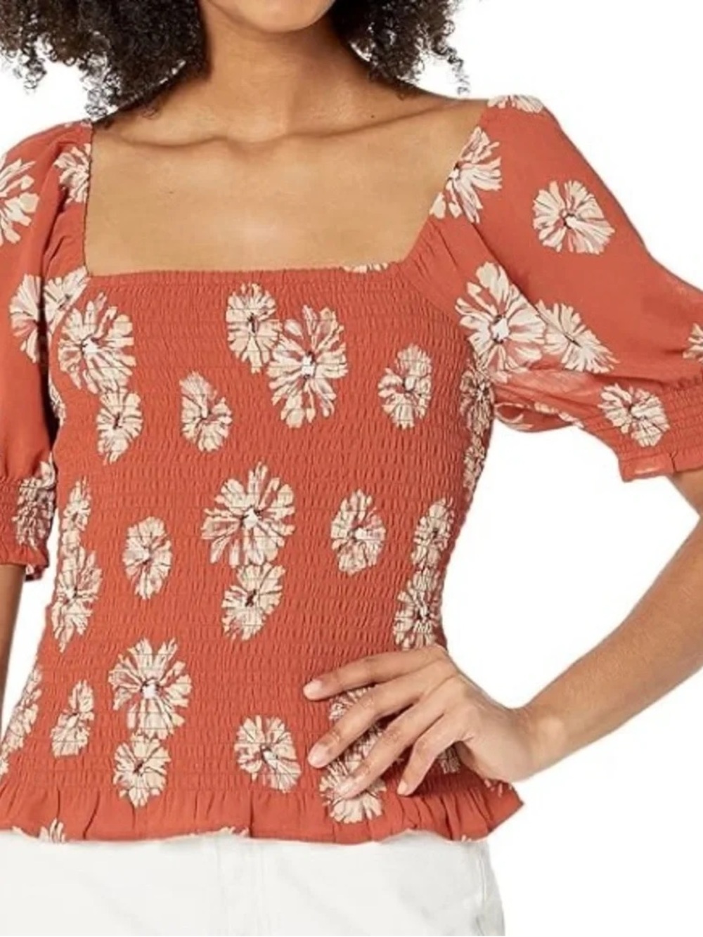 Madewell Rust Floral Smocked Square-Neck Blouse